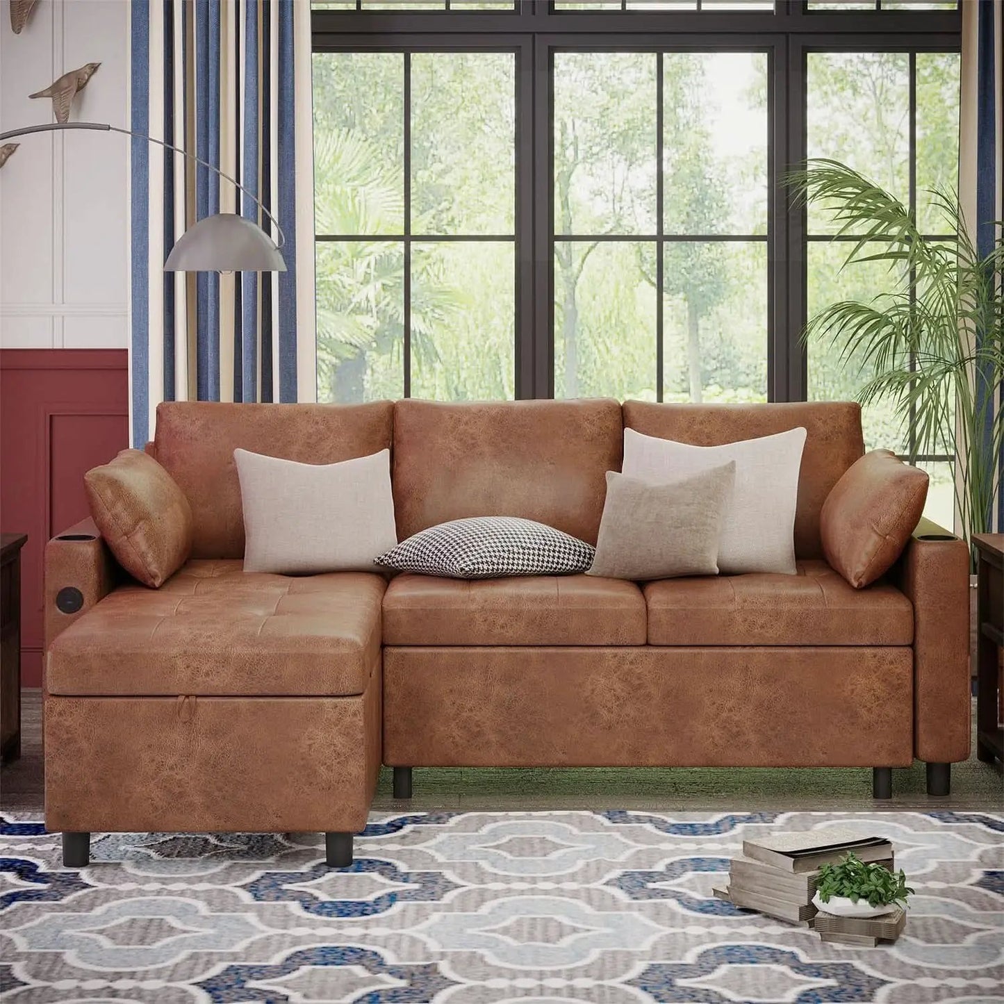 Brown Leather Sleeper Sofa Bed With Storage from PriceLows™