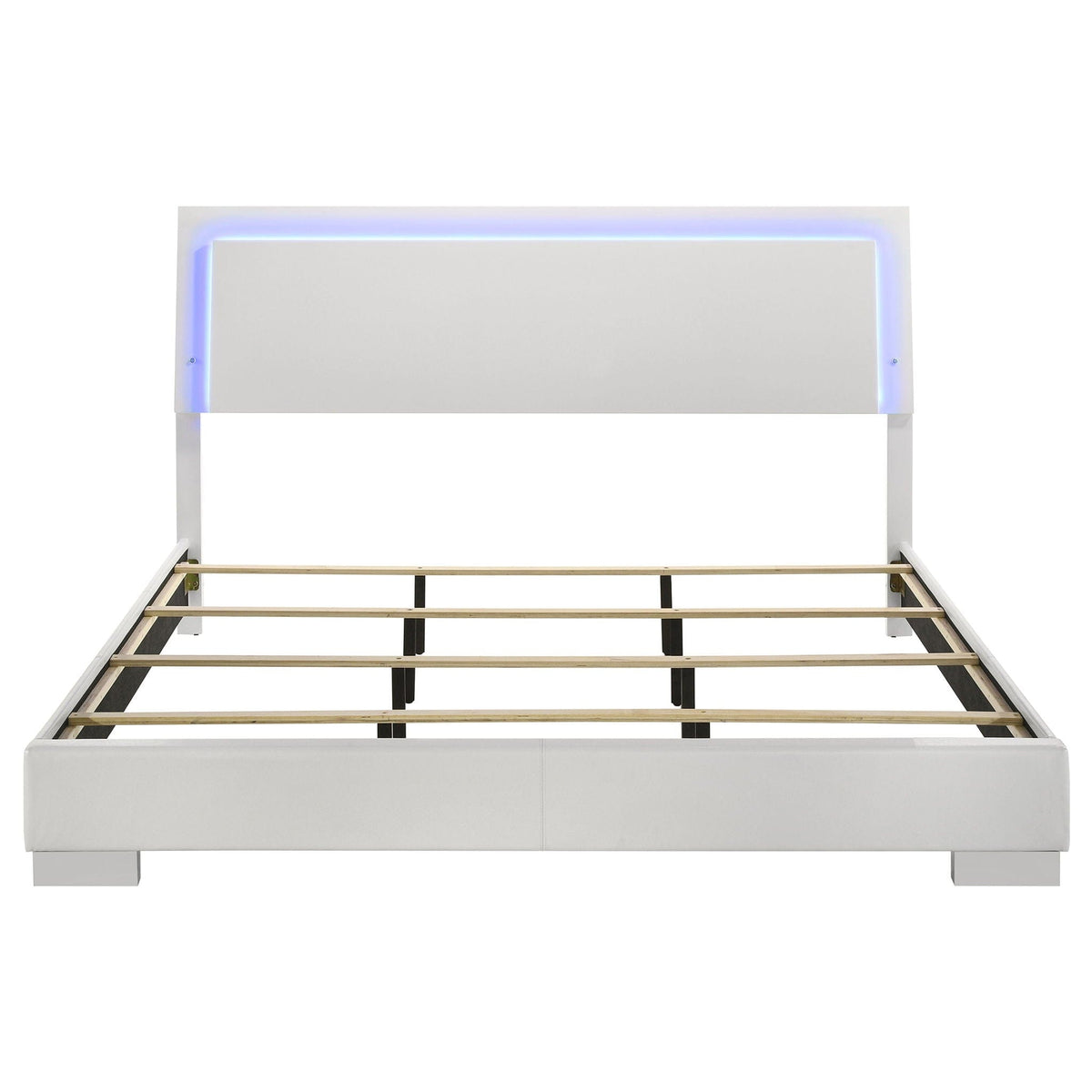 Felicity Wood Eastern King LED Panel Bed White High Gloss | 79.5 x 86.5 x 48.5 in | Faux Leather & Wood | Bedroom