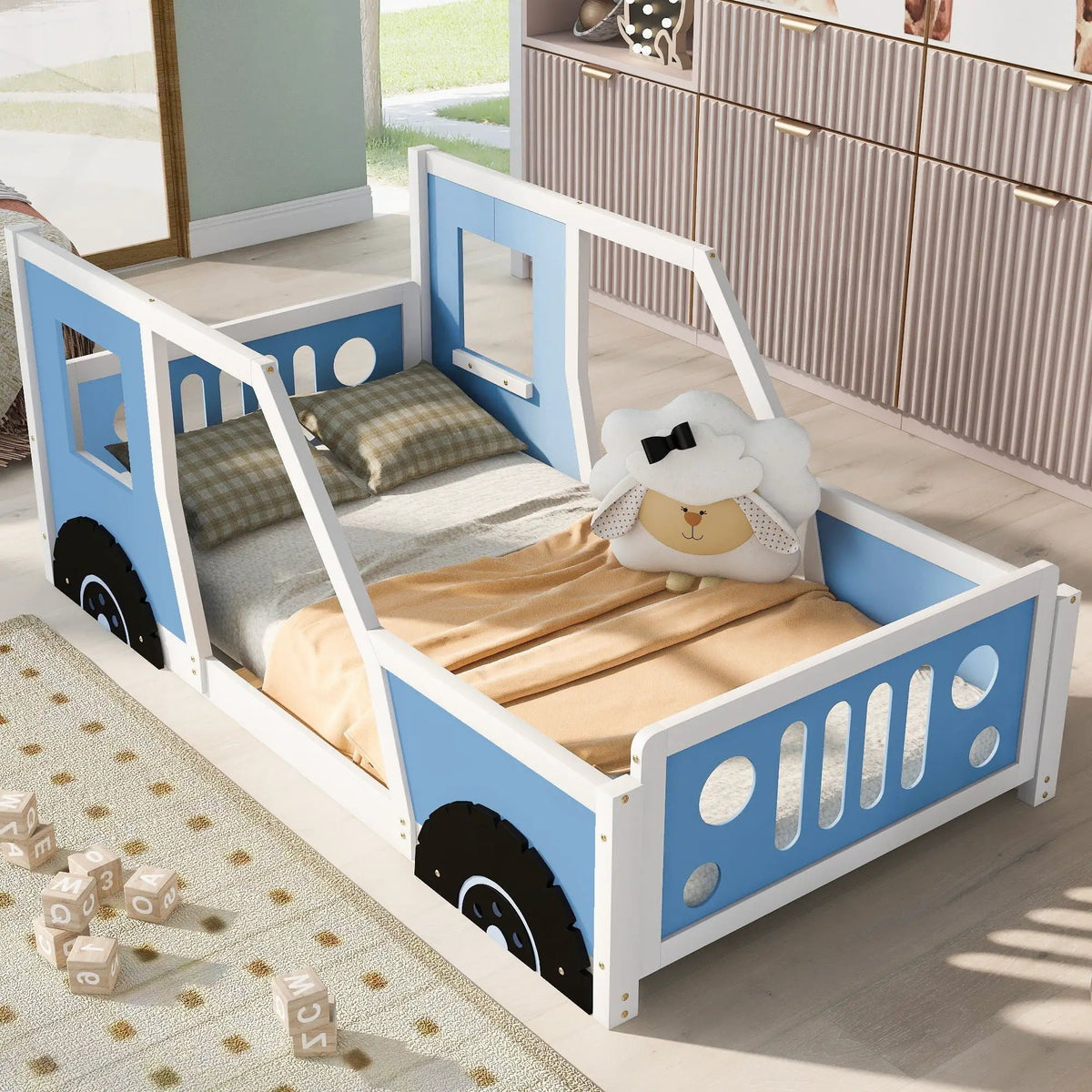 Car Shaped Platform Bed | Solid Pine Wood | Decorative Wheels