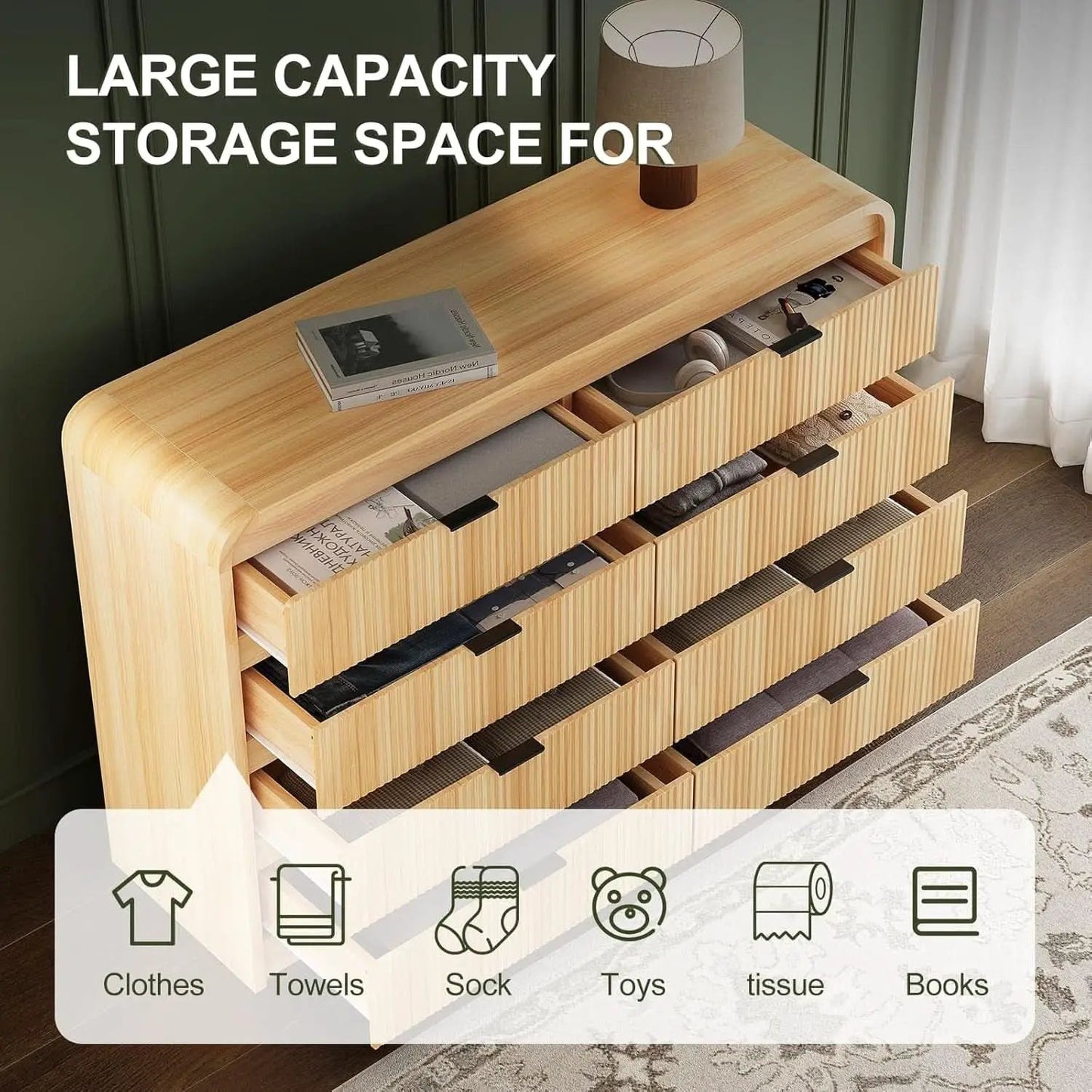 Natural Oak Fluted 8 Drawer Dresser 55 Inch Wide Bedroom from PriceLows™