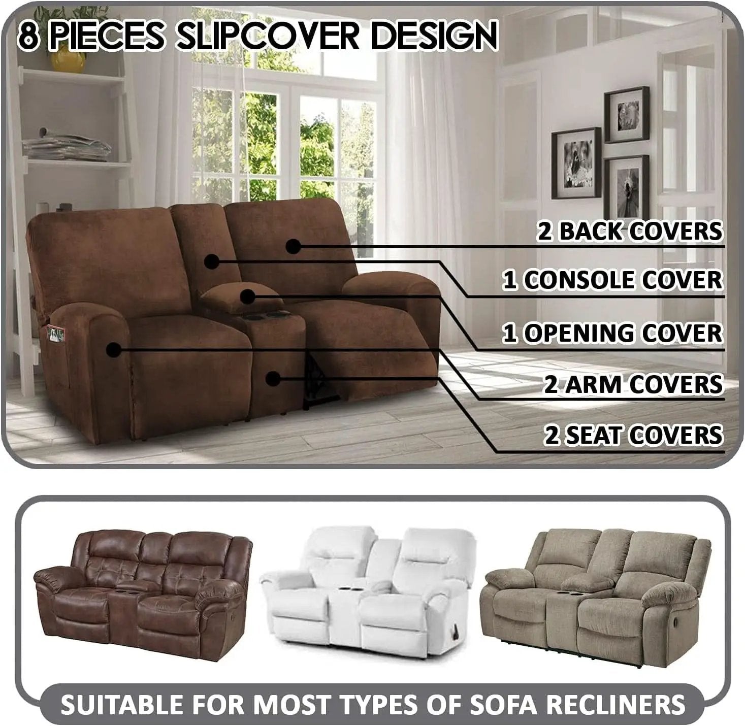 Velvet 8-Piece Reclining Loveseat Cover In Chocolate from PriceLows™