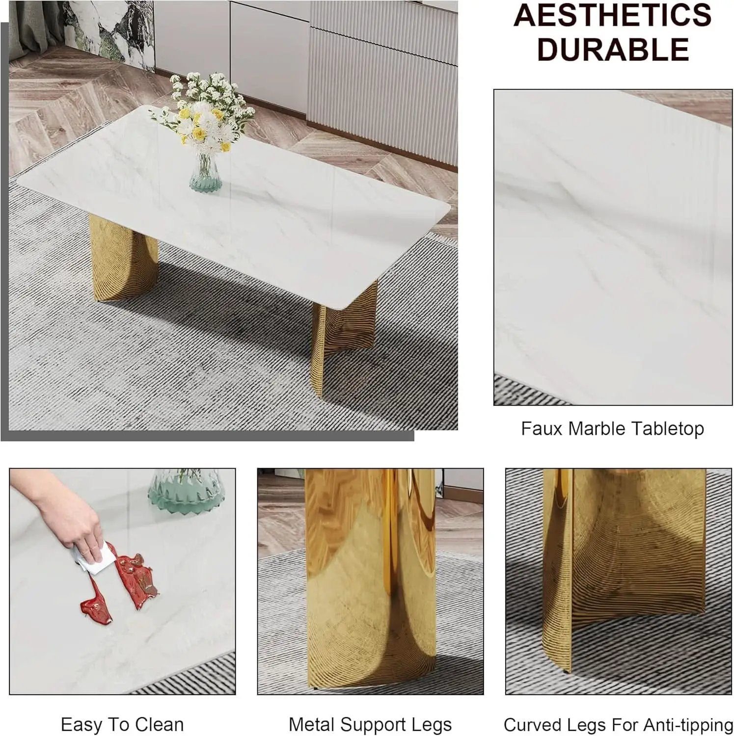 White Marble Dining Table 71 Inch Glass Top Gold Base from PriceLows™