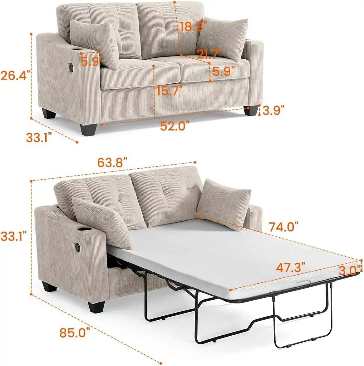 Full Size Corduroy Transformable Sofa Bed USBChargingPort from PriceLows™