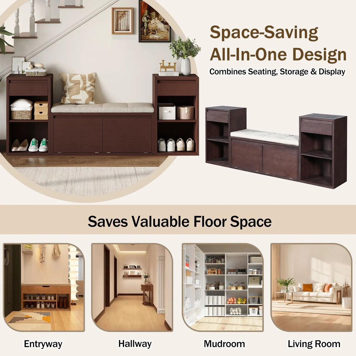 Entryway Storage Bench | Flip Top Compartment | Pine Wood Frame