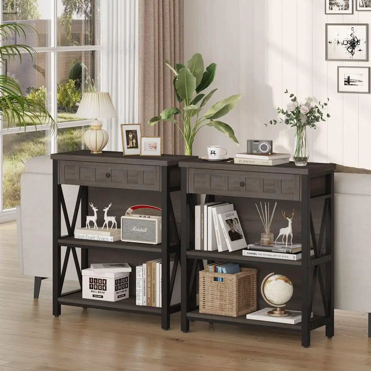 Rustic Bookshelf With Drawer Walnut Brown Industrial Wood And Metal from PriceLows™