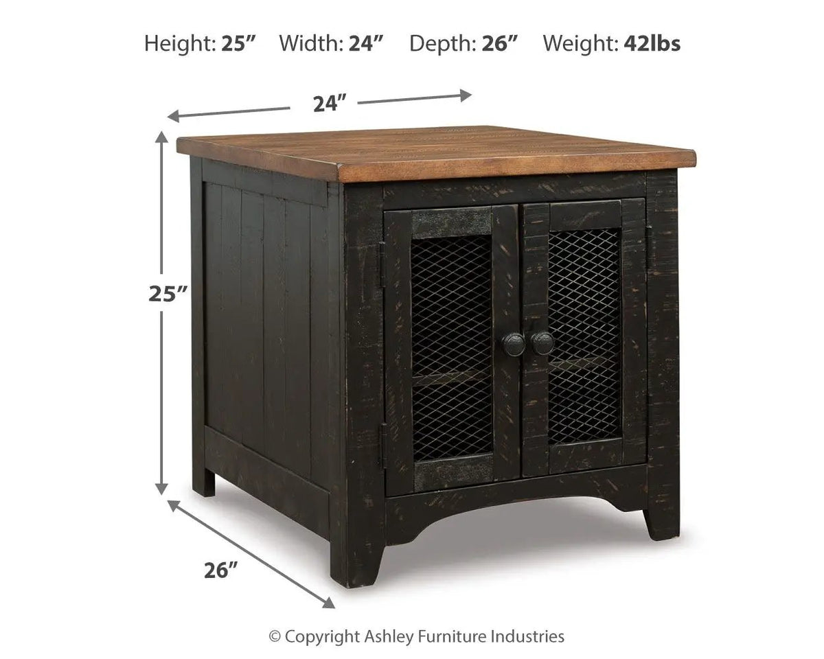 Valebeck Rectangular End Table | Black And Brown | Pine Veneers | Door With Adjustable Shelf