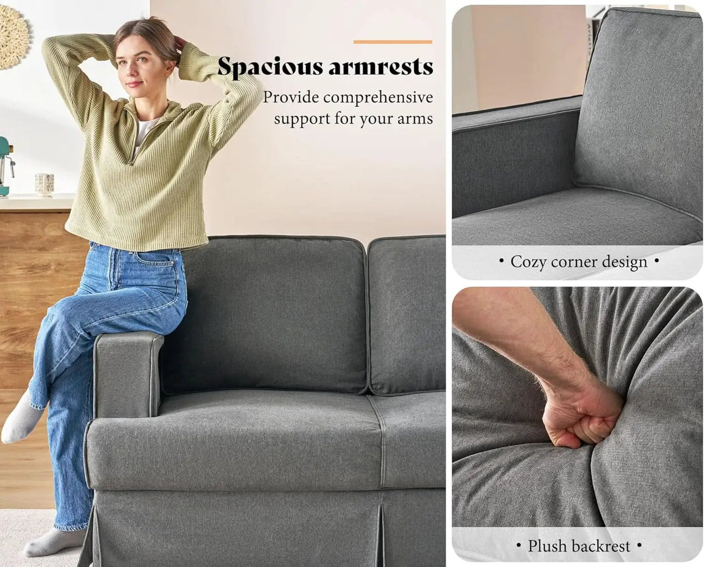 89 Inch Slipcovered Linen Grey Sofa 3 Seater Couch from PriceLows™