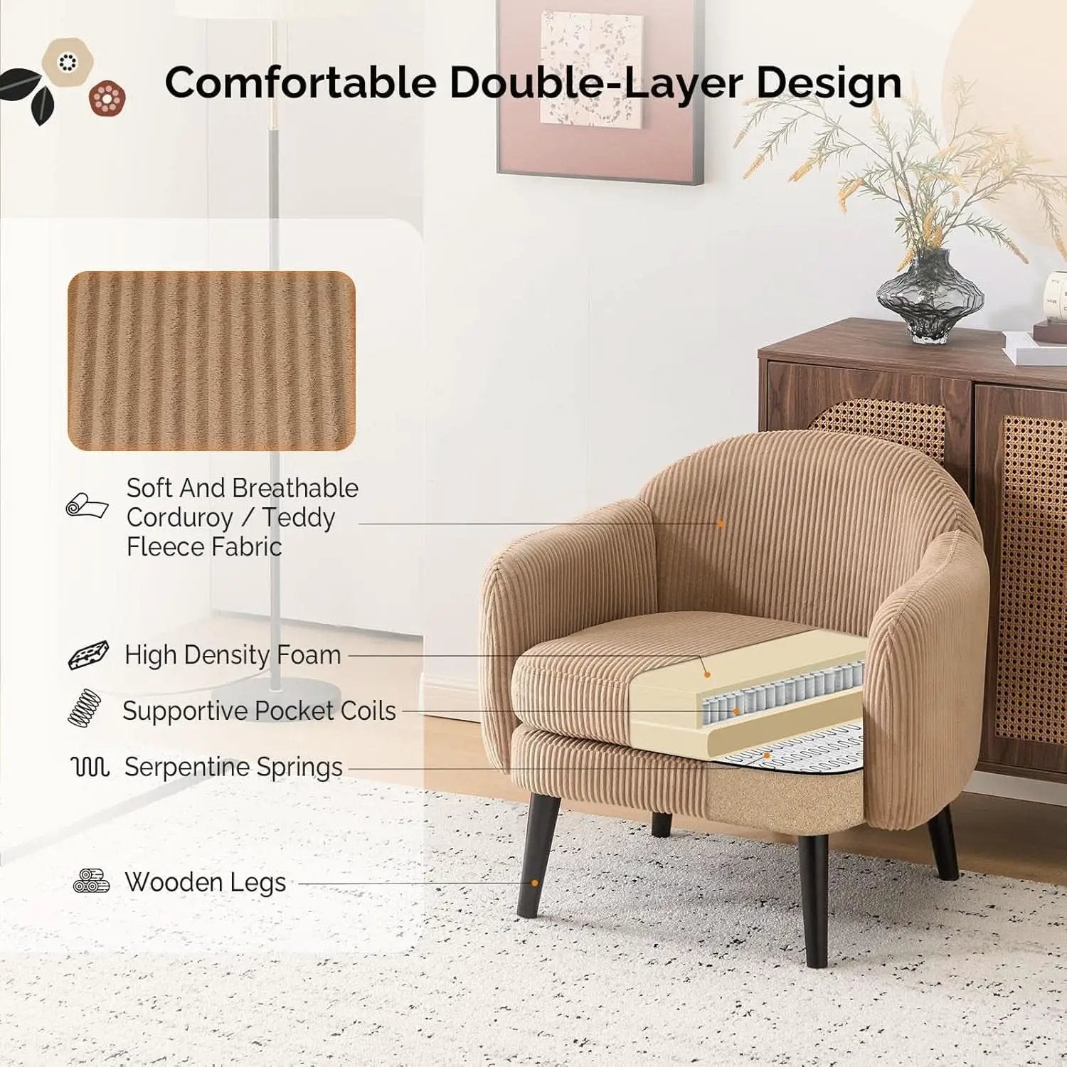 Luxurious Khaki Corduroy Barrel Chair Set 30Inches from PriceLows™