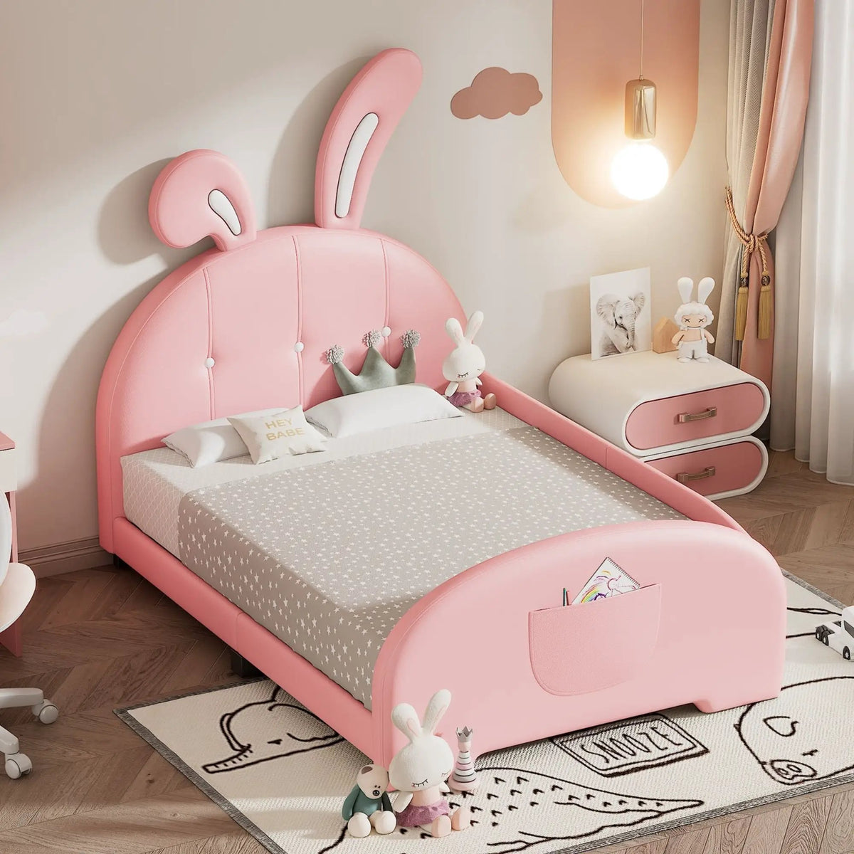 Upholstered Rabbit-Shape Princess Bed | Headboard And Footboard | Humidity Resistant Frame | 51.2 Inch Height