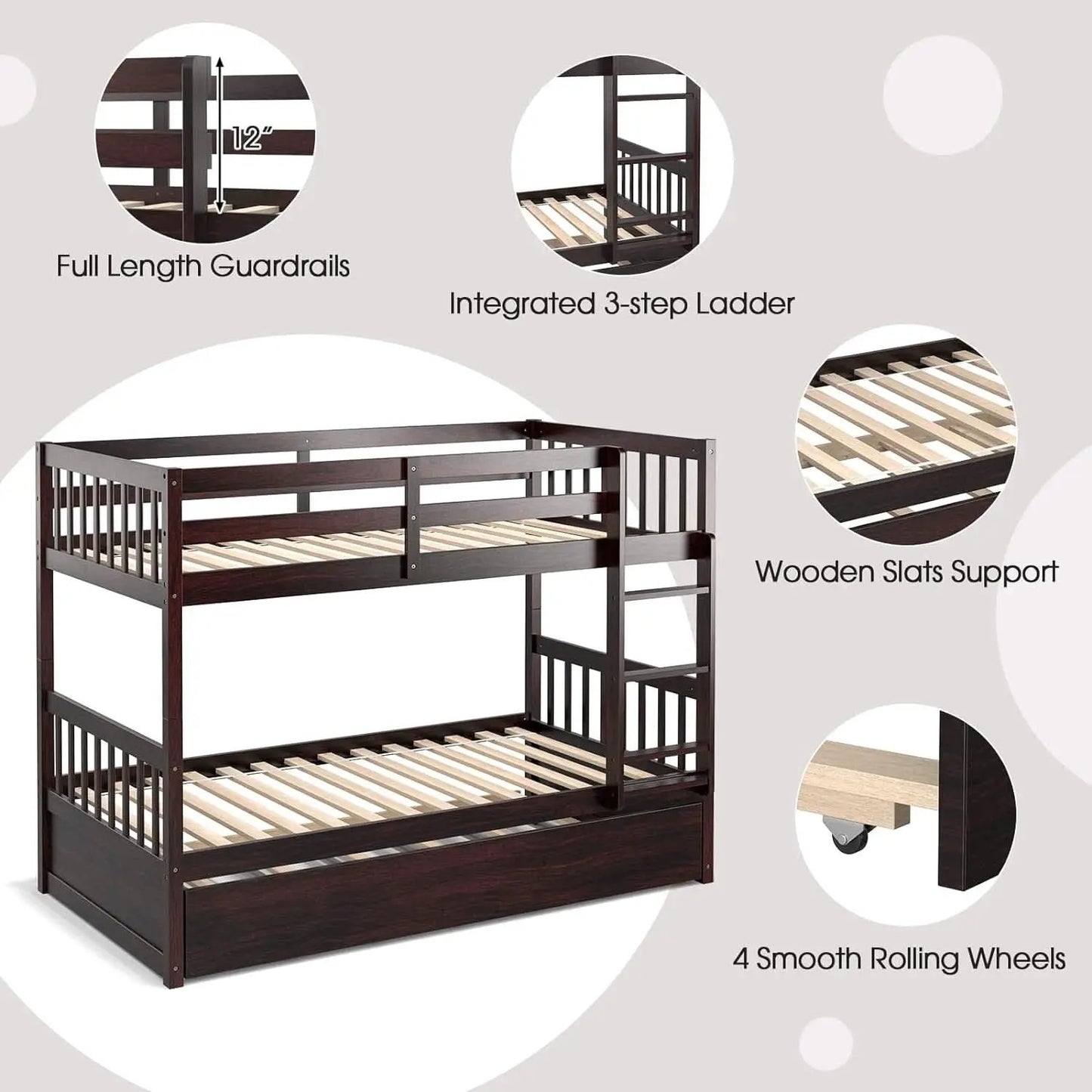 Twin Over Twin Bunk Bed With Trundle In Espresso Solid Wood from PriceLows™