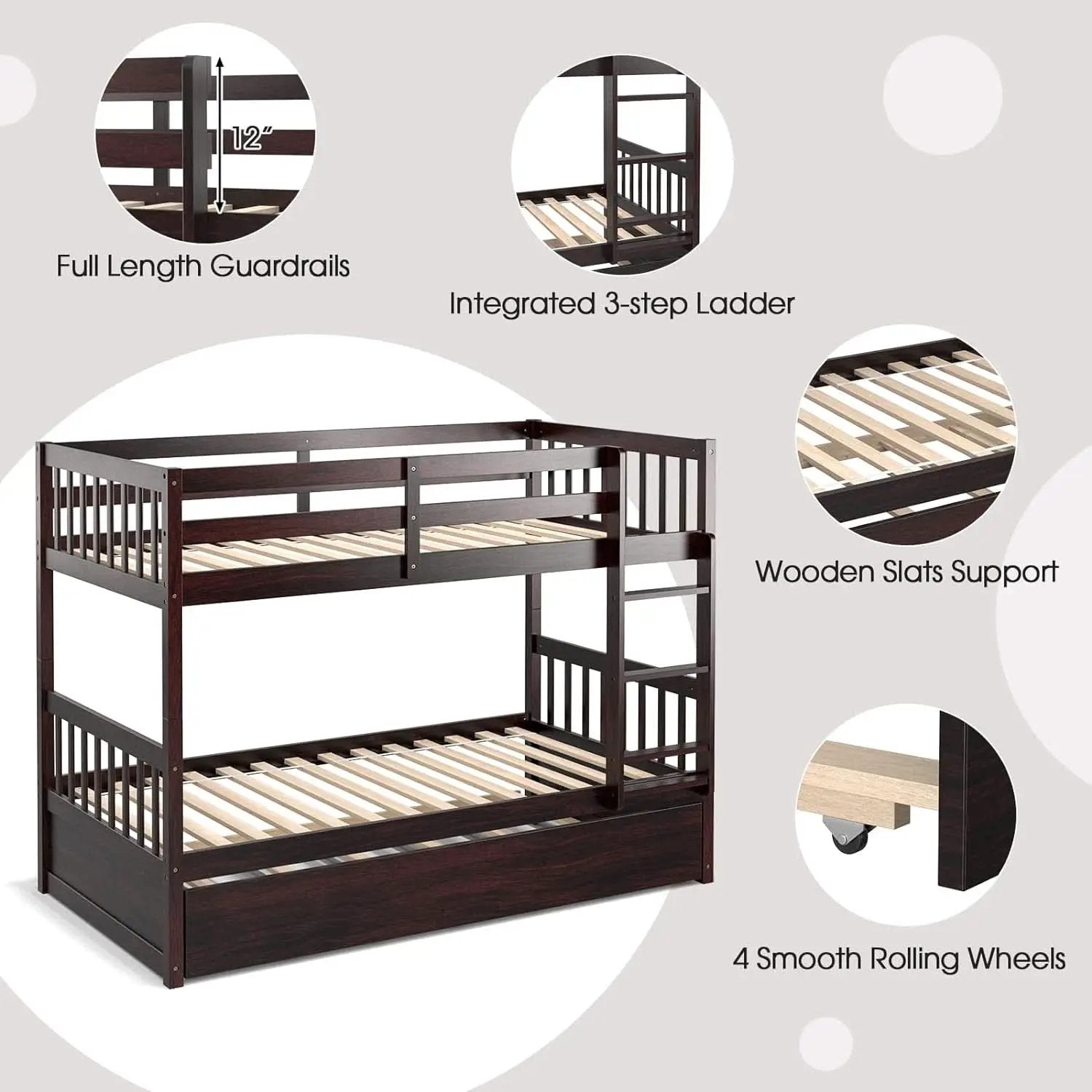 Twin Over Twin Bunk Bed With Trundle In Espresso Solid Wood from PriceLows™