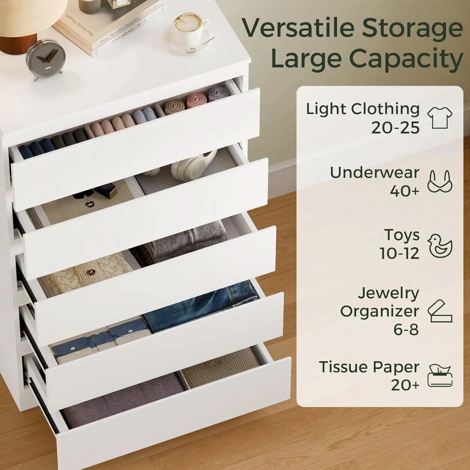 White Contemporary Solid Wood Dresser Five Drawers from PriceLows™