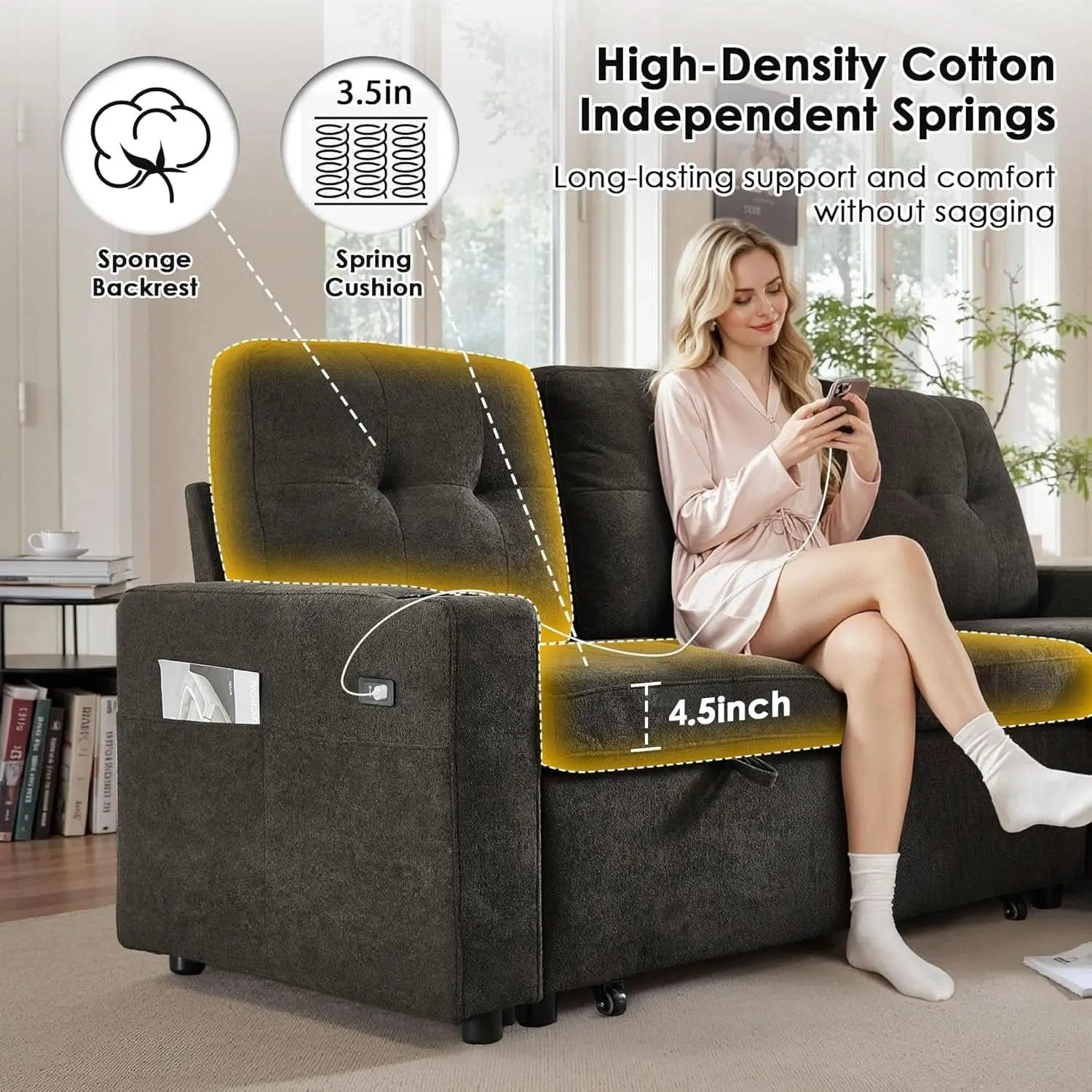 Dark Grey Microfiber Reversible Sectional Sofa Bed With USB from PriceLows™