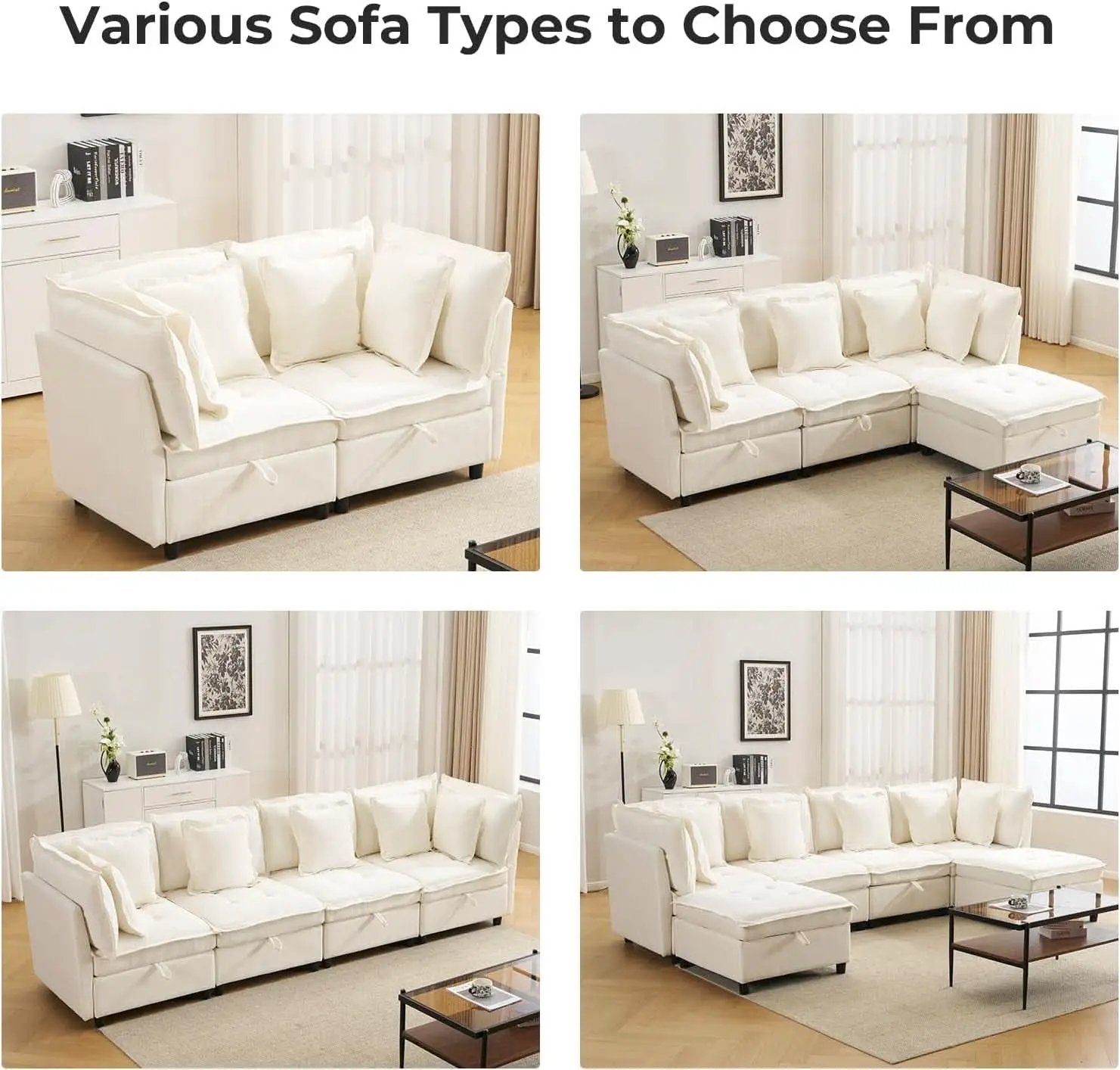 White OneThirtyThreeInch Modular Sectional Sofa Hidden Storage from PriceLows™