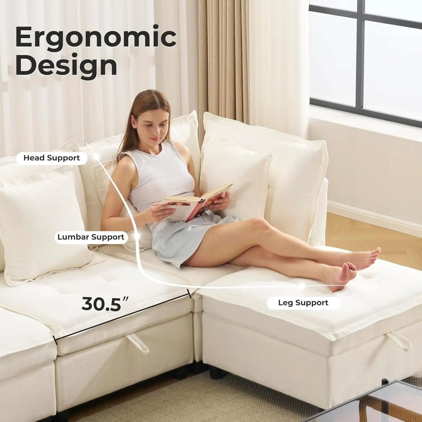 White OneThirtyThreeInch Modular Sectional Sofa Hidden Storage from PriceLows™
