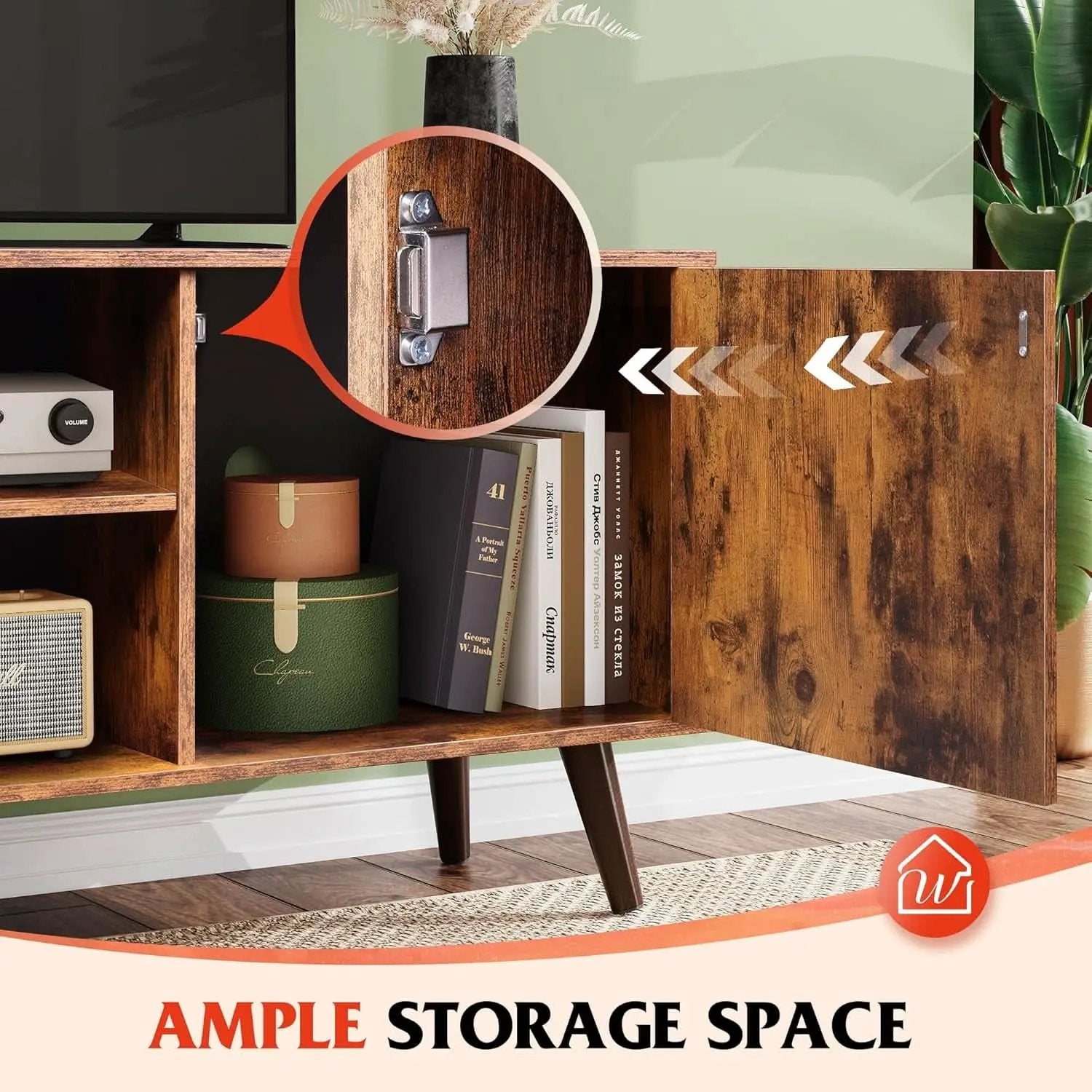 Mid Century TV Stand for 55 Inch TV Brown Wood Entertainment Center With Storage from PriceLows™