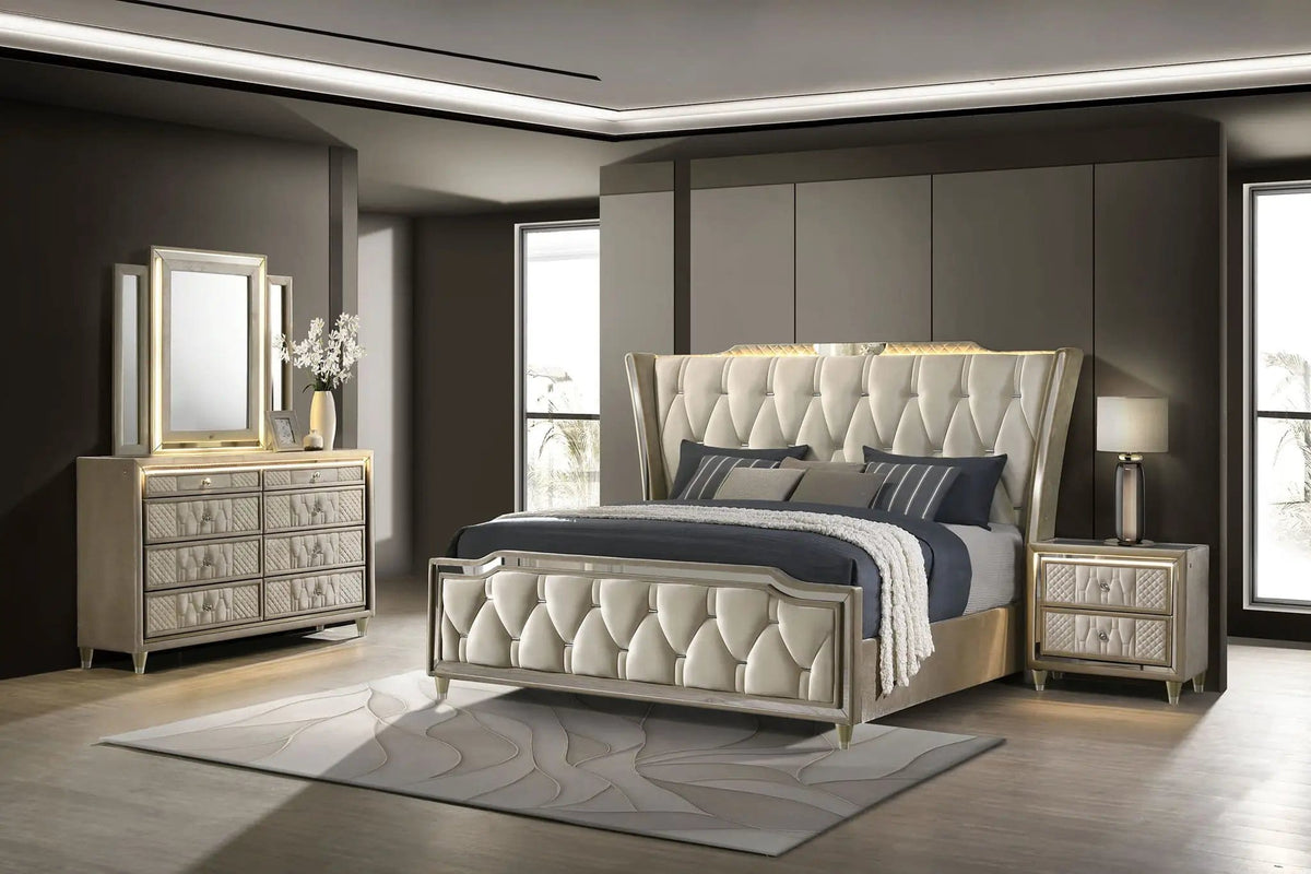 Lorient 4-piece Eastern King Bedroom Set Ivory and Camel | 4-Piece Set | Velvet & Tempered Glass | Bedroom
