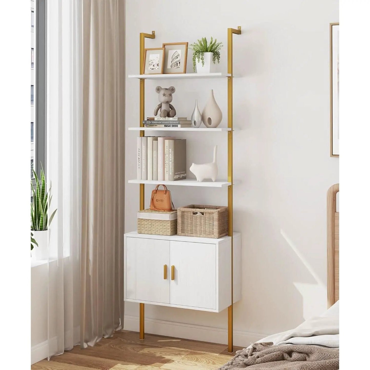 73 Inch Tall Bookshelf With Cabinet Industrial Ladder Wall Shelf White Gold from PriceLows™