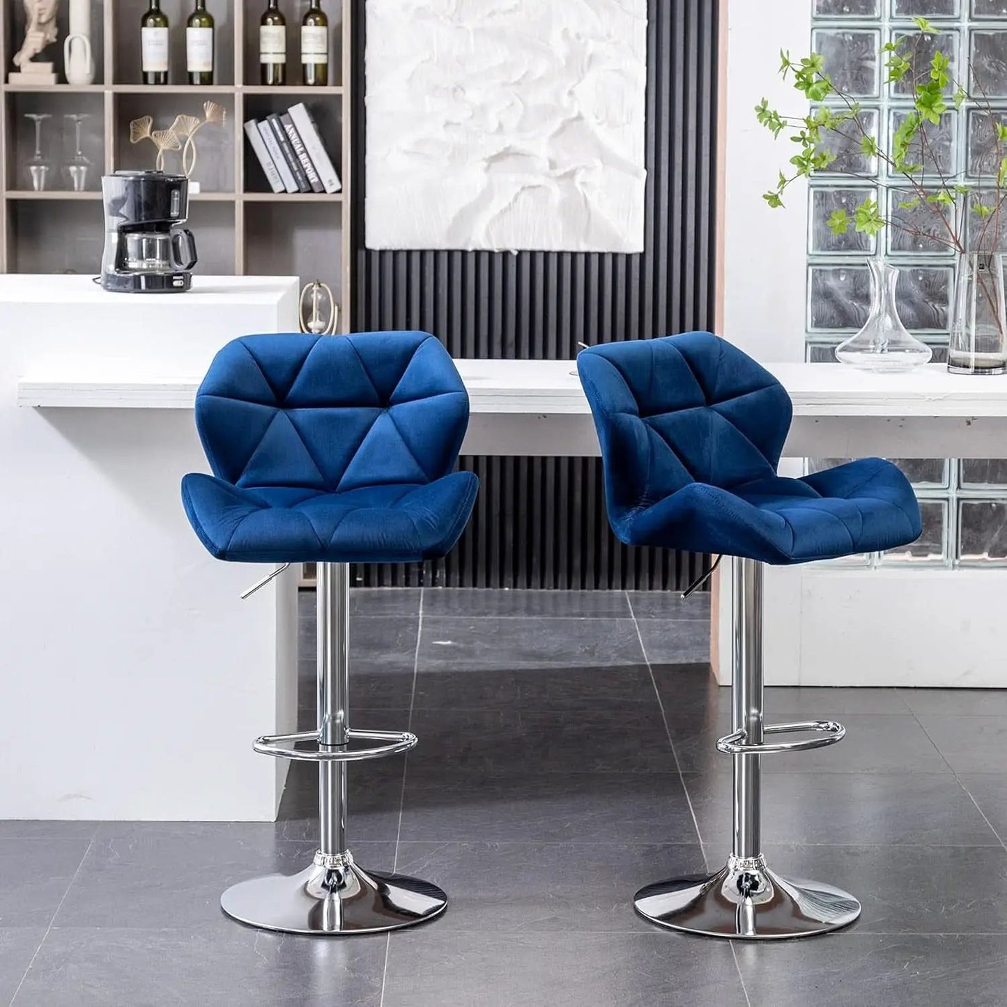 Velvet Diamond Tufted Swivel Barstools Blue Adjustable Height Set of 2 from PriceLows™