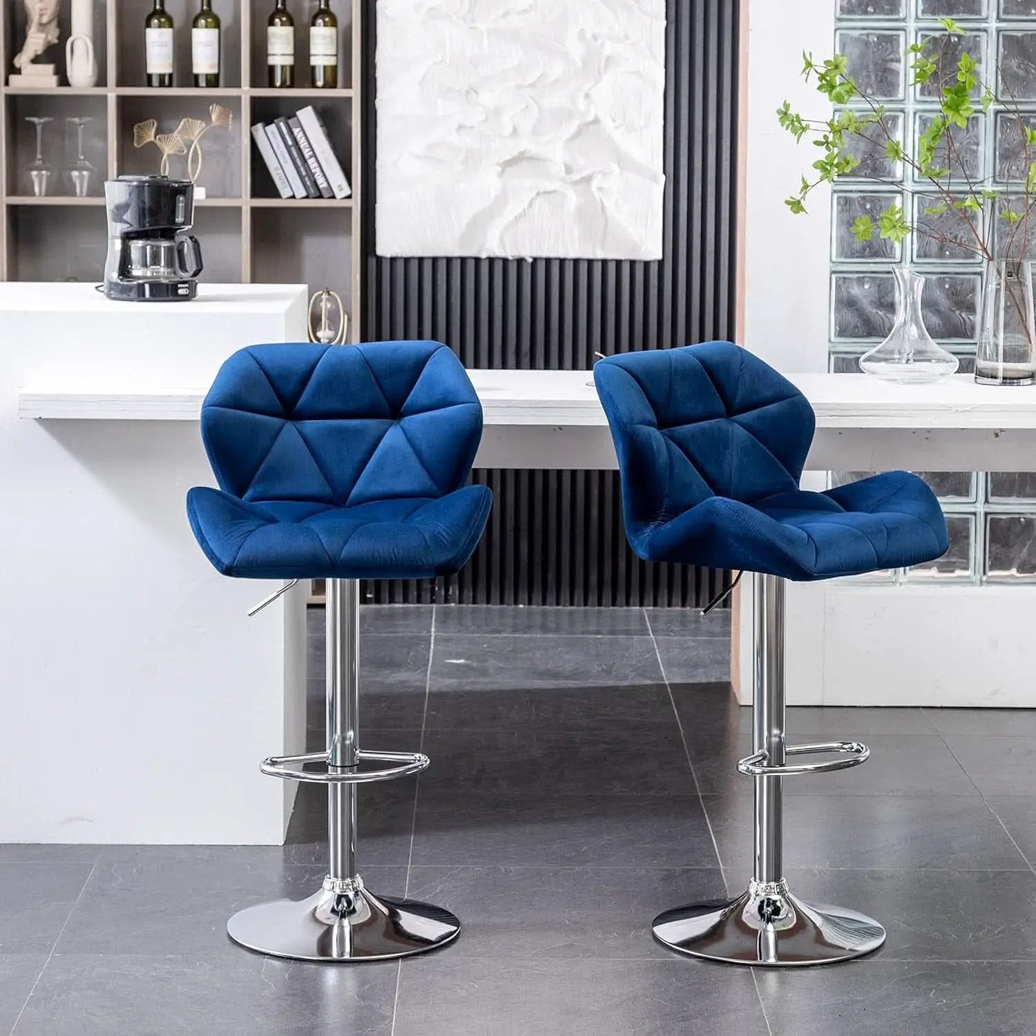 Velvet Diamond Tufted Swivel Barstools Blue Adjustable Height Set of 2 from PriceLows™