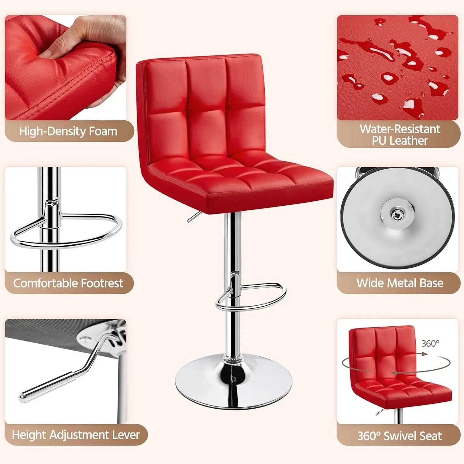 Red Adjustable PU Leather Swivel Bar Stools Set Of 2 from PriceLows™