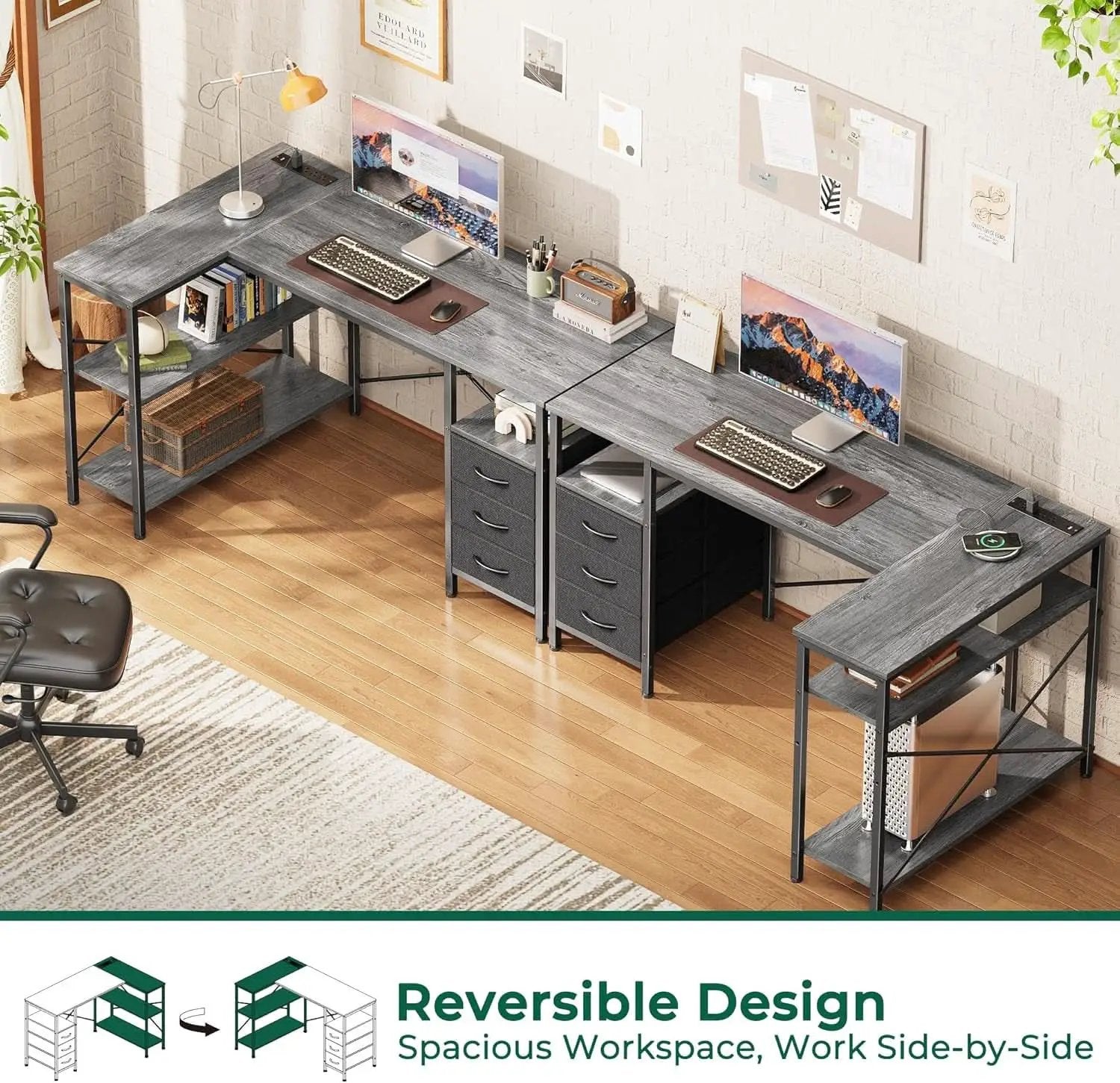 47 Inch L Shaped Desk With Power Outlets And 3 Drawers Grey from PriceLows™