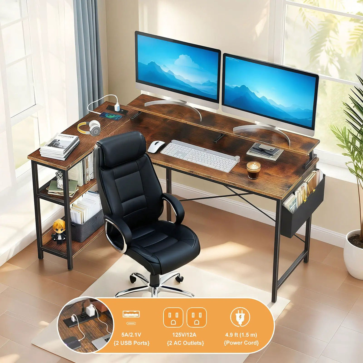 L-Shaped Gaming Desk | 47 Inch Width | Power Outlets And USB Ports | Reversible Corner Workstation