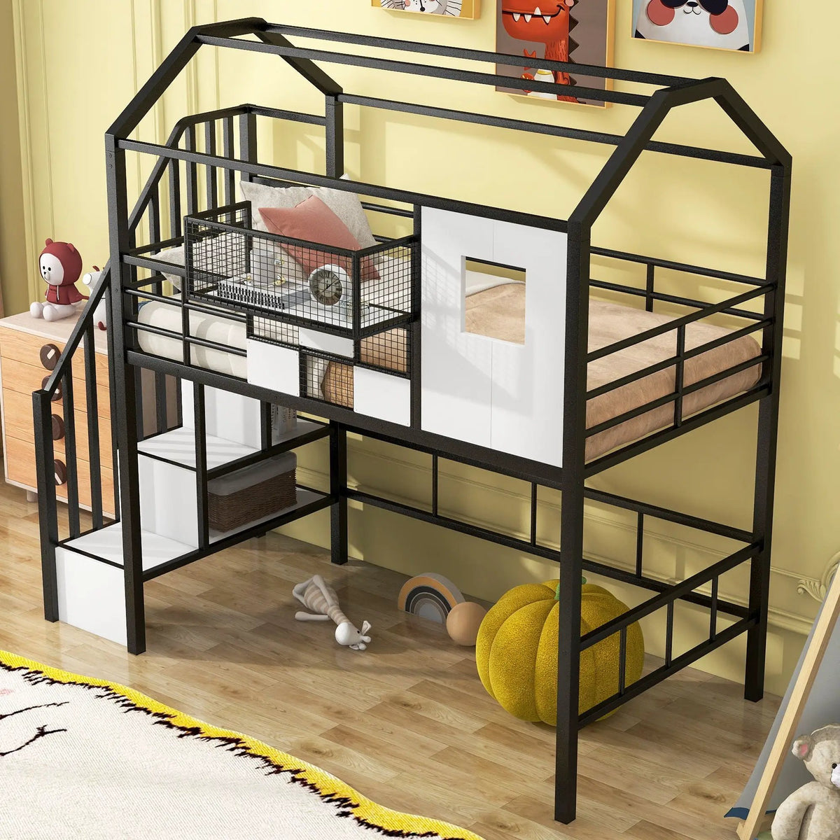 Metal Loft Bed | Roof Design | Storage Box | Integrated Ladder