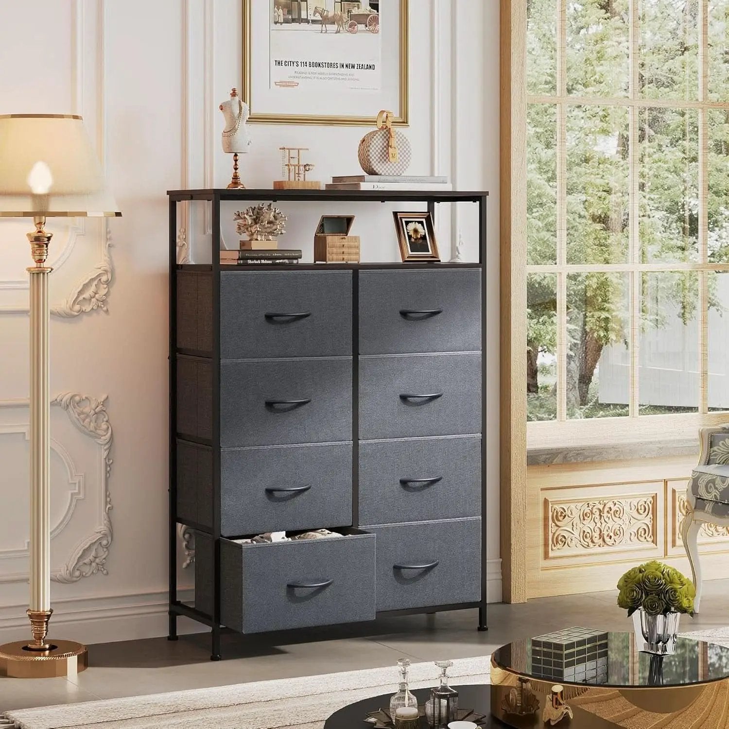 Charcoal Gray Fabric Dresser With Shelves And 8 Drawers from PriceLows™