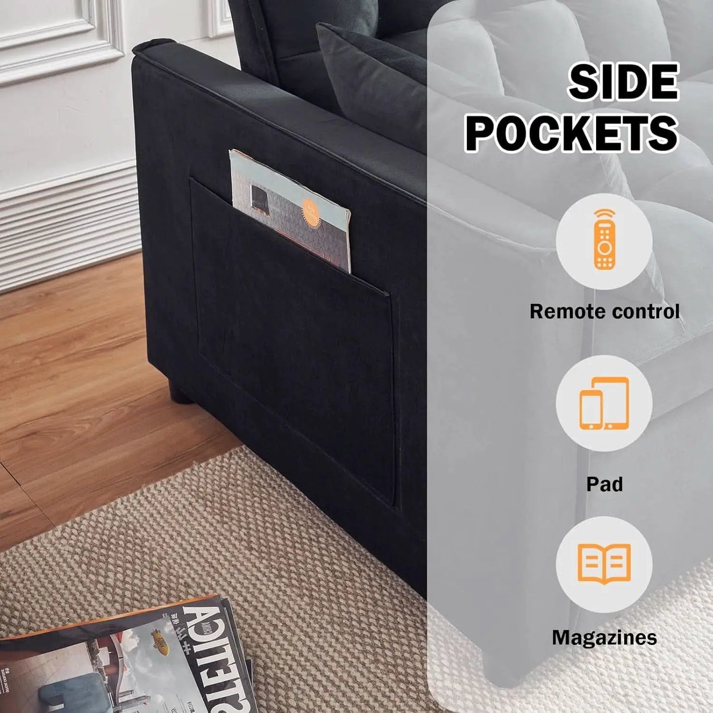 Black Velvet Sleeper Sofa With Adjustable Backrest from PriceLows™