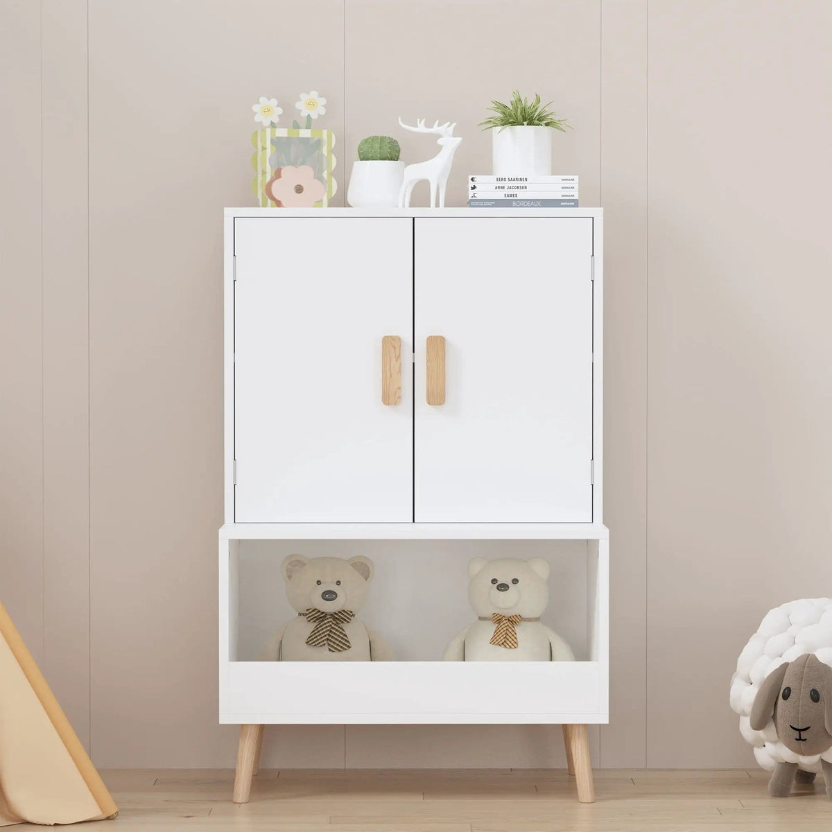 Toy Storage Cabinet With Doors And Open Shelf, Toddler Bookshelf For Playroom | 23.62 x 13.78 x 37.4 in | Solid Wood | White