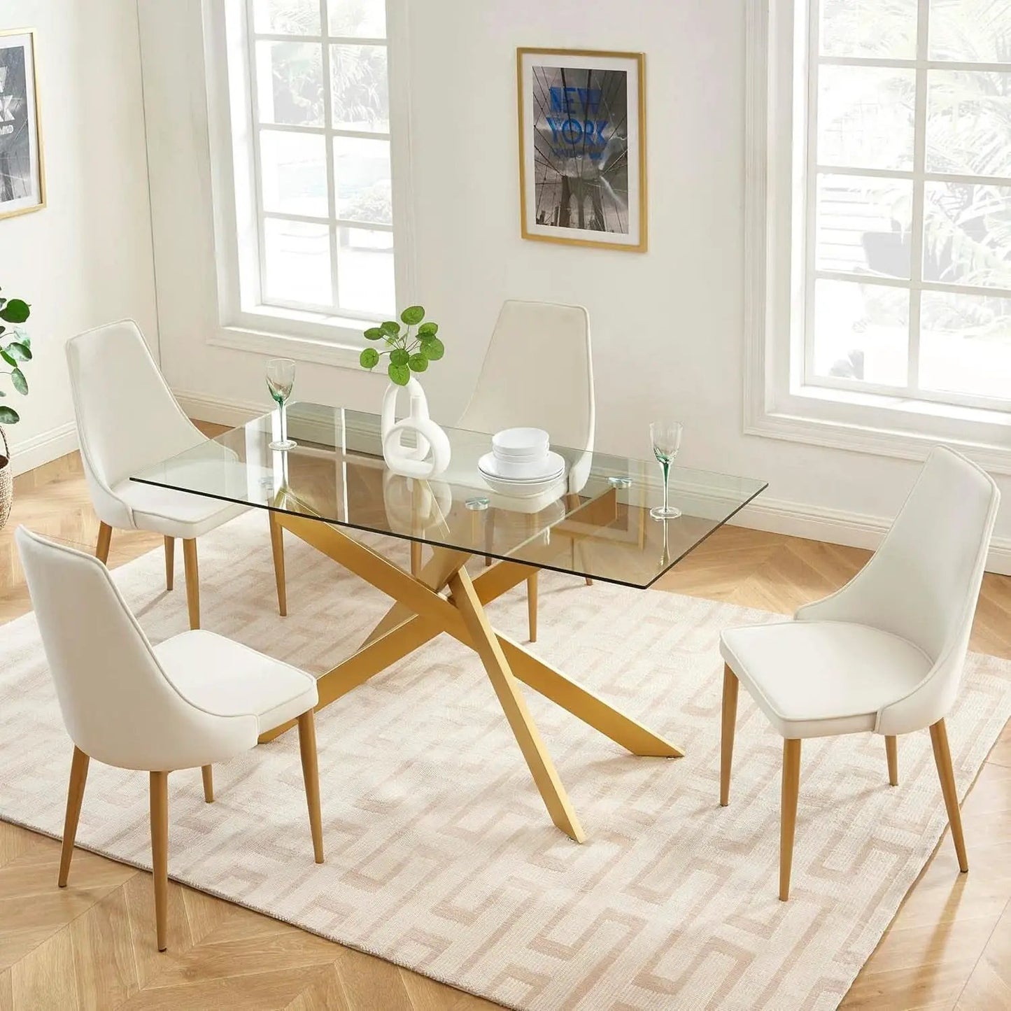 Rectangular Tempered Glass Dining Table Gold Finish from PriceLows™