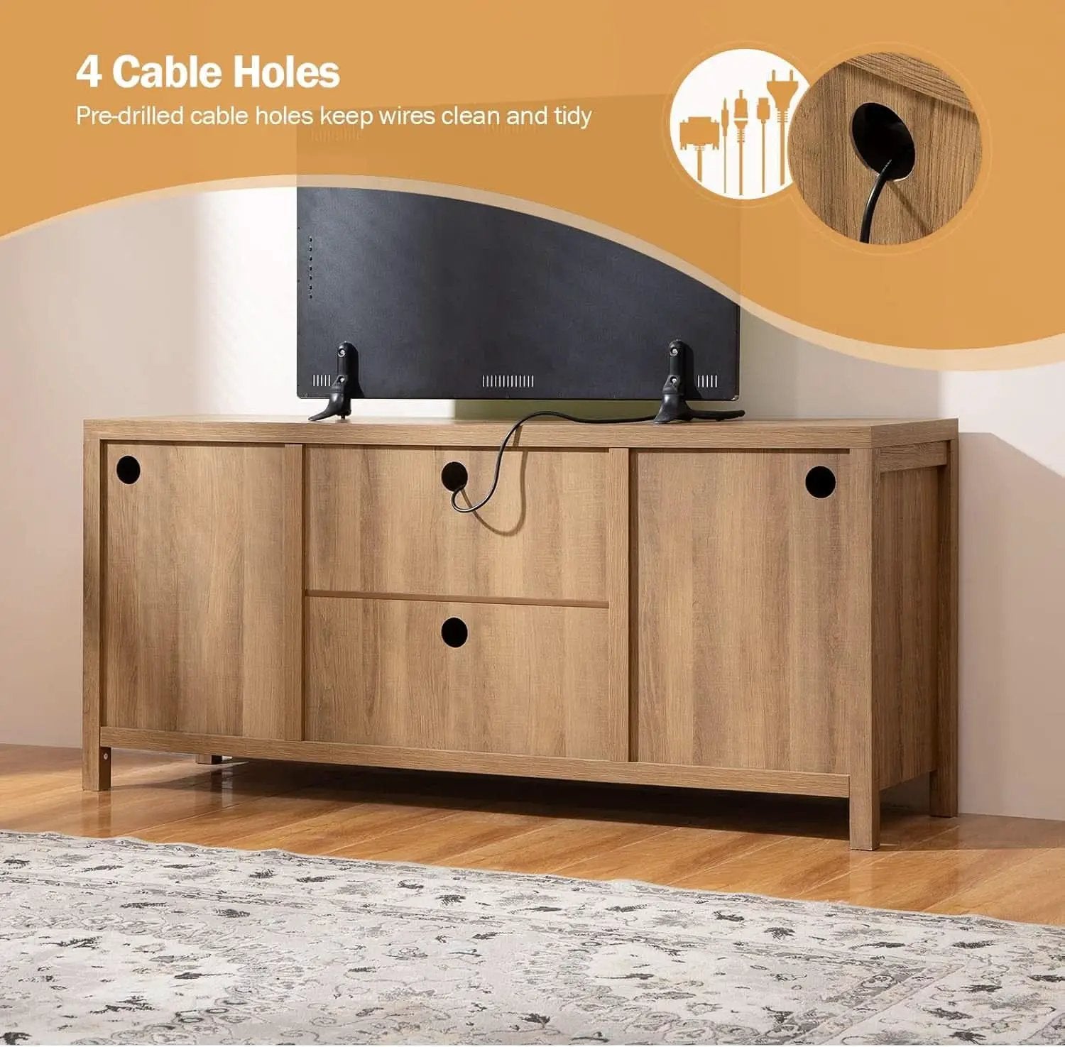 Boho Rattan TV Stand With Adjustable Shelves 59 Inch Oak from PriceLows™