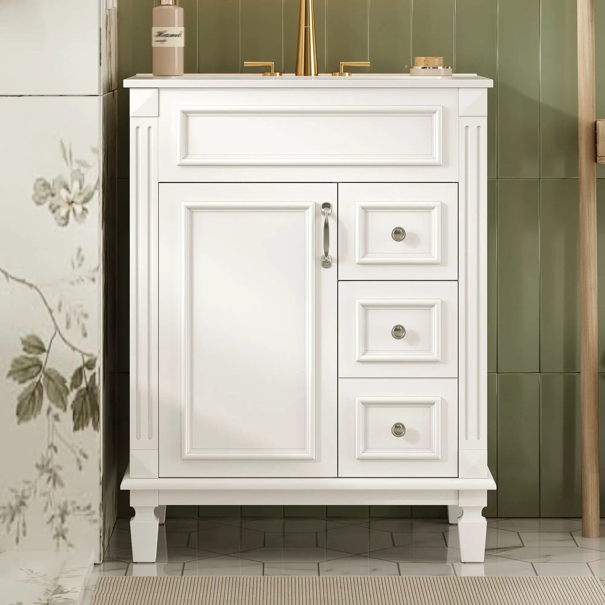 24 Inch Compact Bathroom Vanity | 2 Deep Drawers | Adjustable Shelf | Retro Button Handles