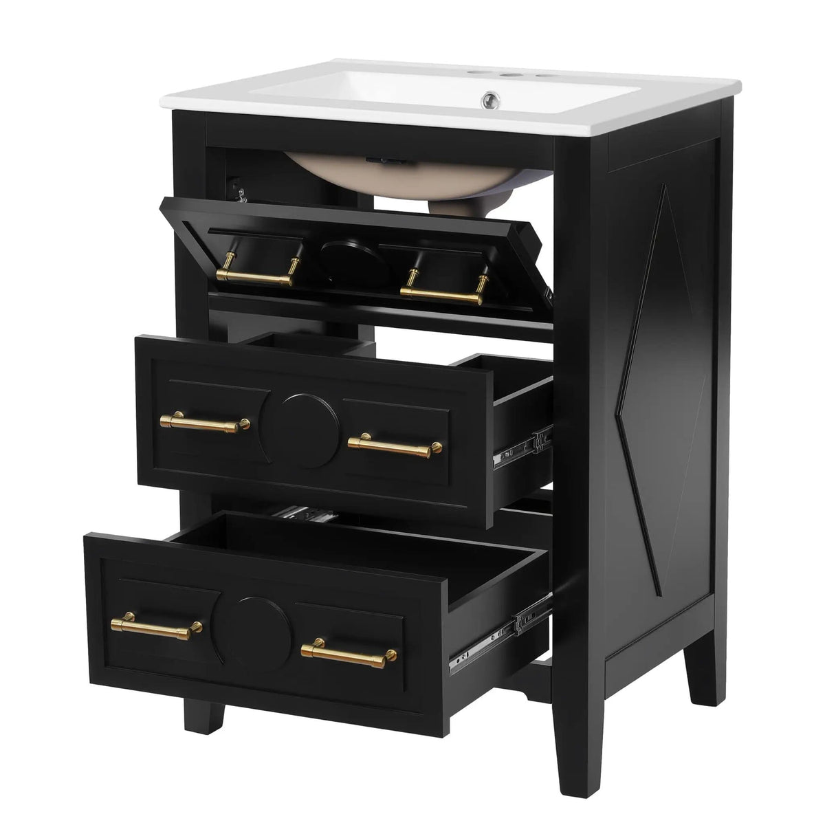 Bathroom Vanity With Sink, Free Standing Single Set, 3 Drawer Storage Cabinet | 2 Pieces | Solid Wood & Ceramic | Bathroom