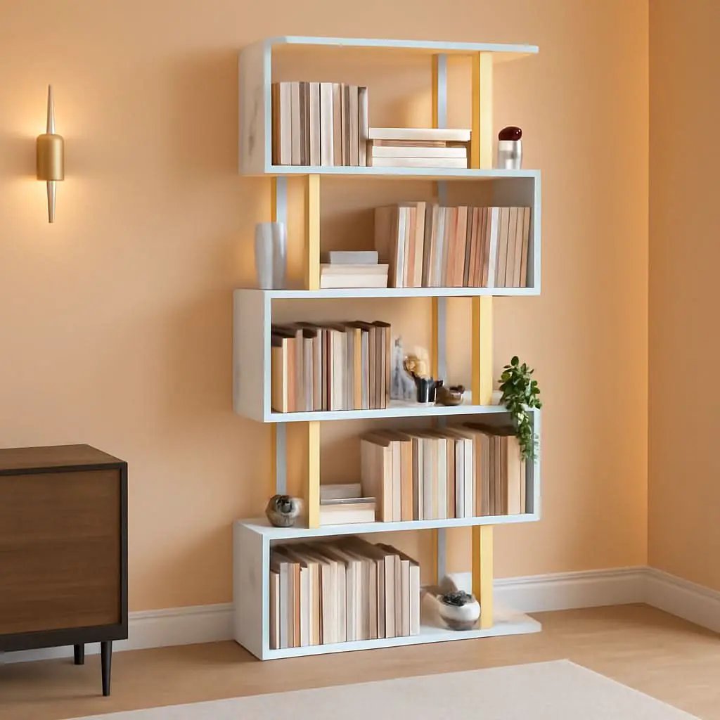 Gold 5 Tier S Shaped Wooden Bookcase For Living Room from PriceLows™