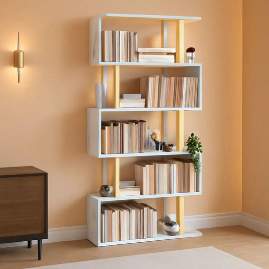 Gold 5 Tier S Shaped Wooden Bookcase For Living Room from PriceLows™