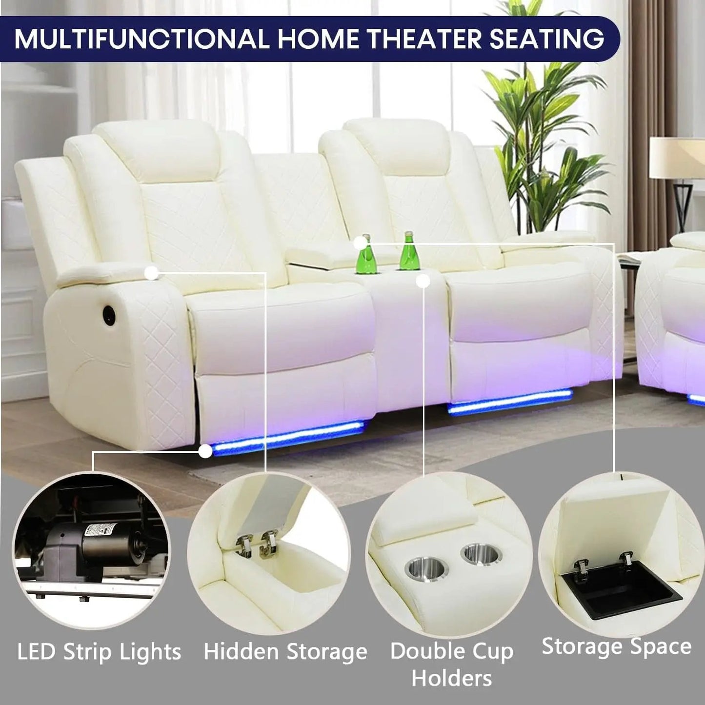 Power Recliner Sofa Set With LED Lights Creamy Finish from PriceLows™