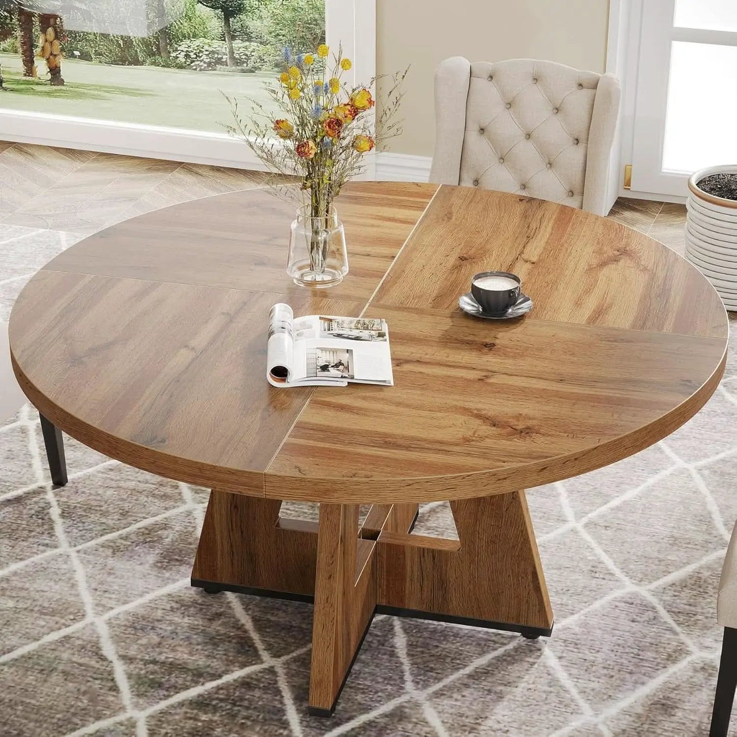 Round 47 Inch Farmhouse Dining Table For Four Kitchen Living Room Wood from PriceLows™