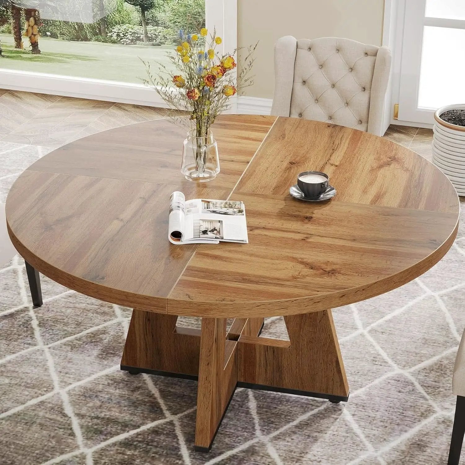 Round 47 Inch Farmhouse Dining Table For Four Kitchen Living Room Wood from PriceLows™