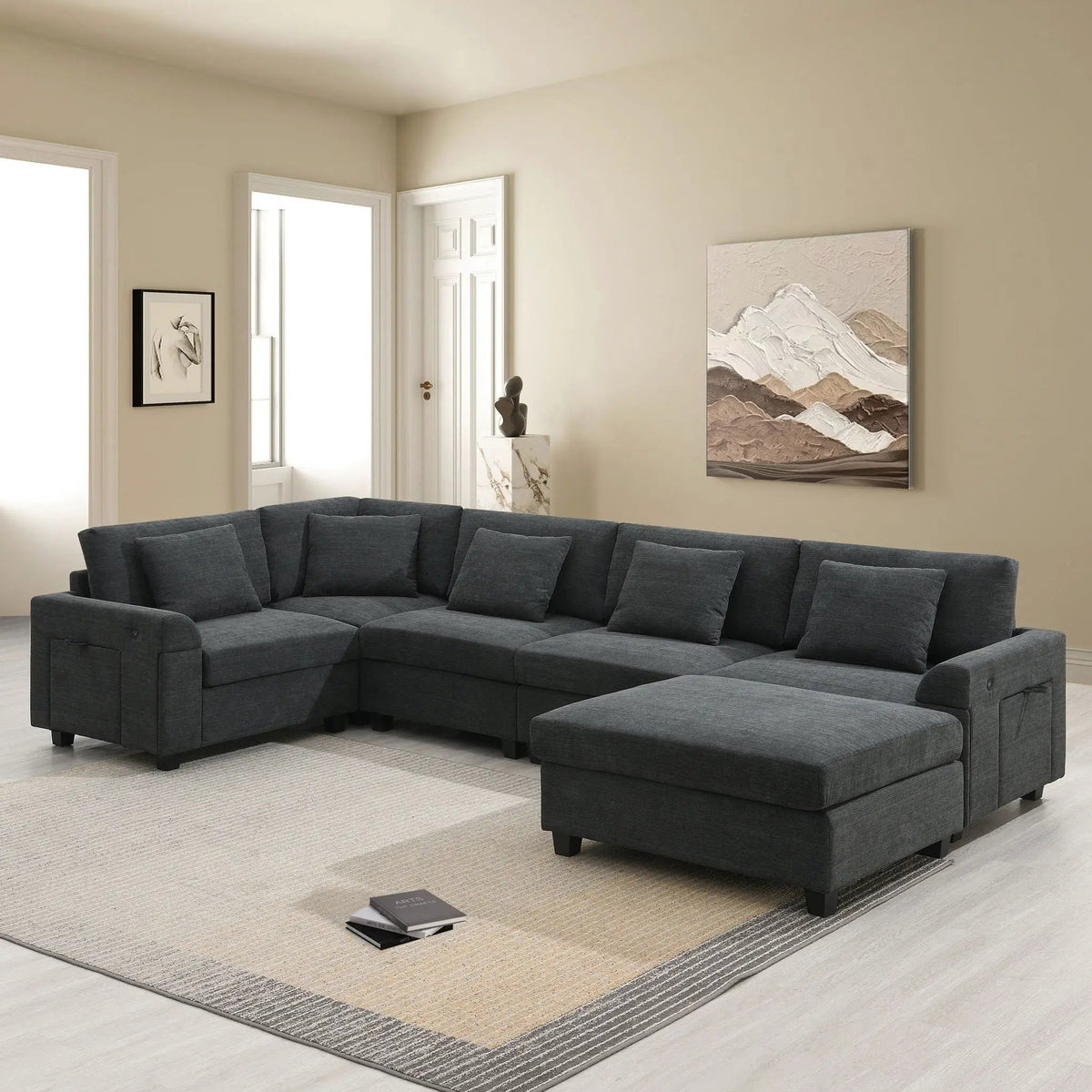 U Shape Sectional Sofa | 6 Seat | USB Charging | With Ottoman