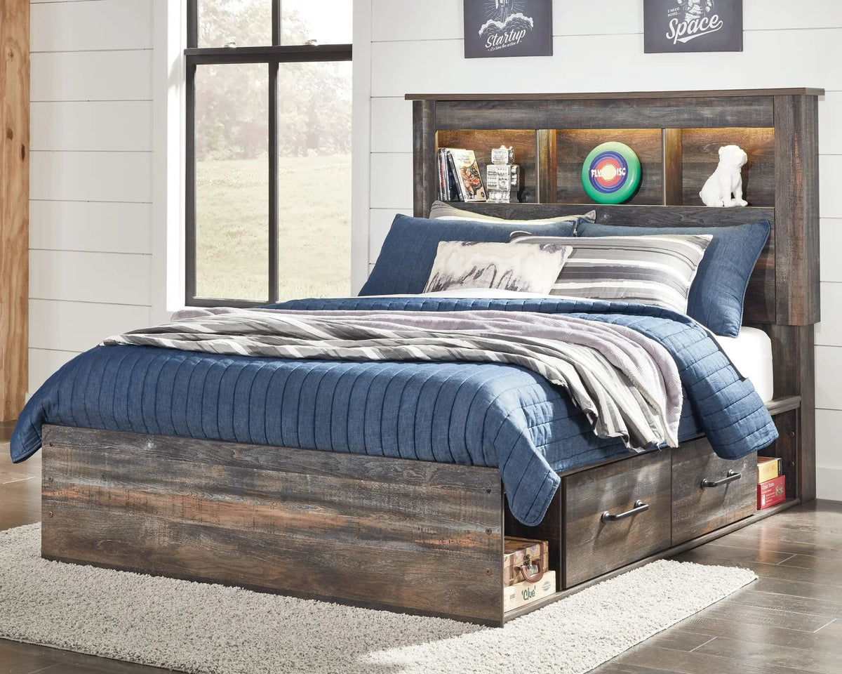 Drystan Panel Bookcase Bed | Storage Headboard | Rustic Industrial Style | 85 Inch Length