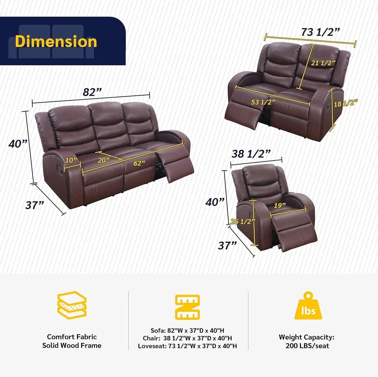 Grayson 3 Piece Faux Leather Recliner Set Sofa Loveseat Chair Brown from PriceLows™