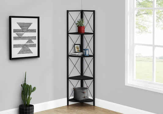 4 Tier Corner Etagere Bookcase | Fan-Shaped Shelves | 59.25 Inch Height | Three-Leg Metal Frame