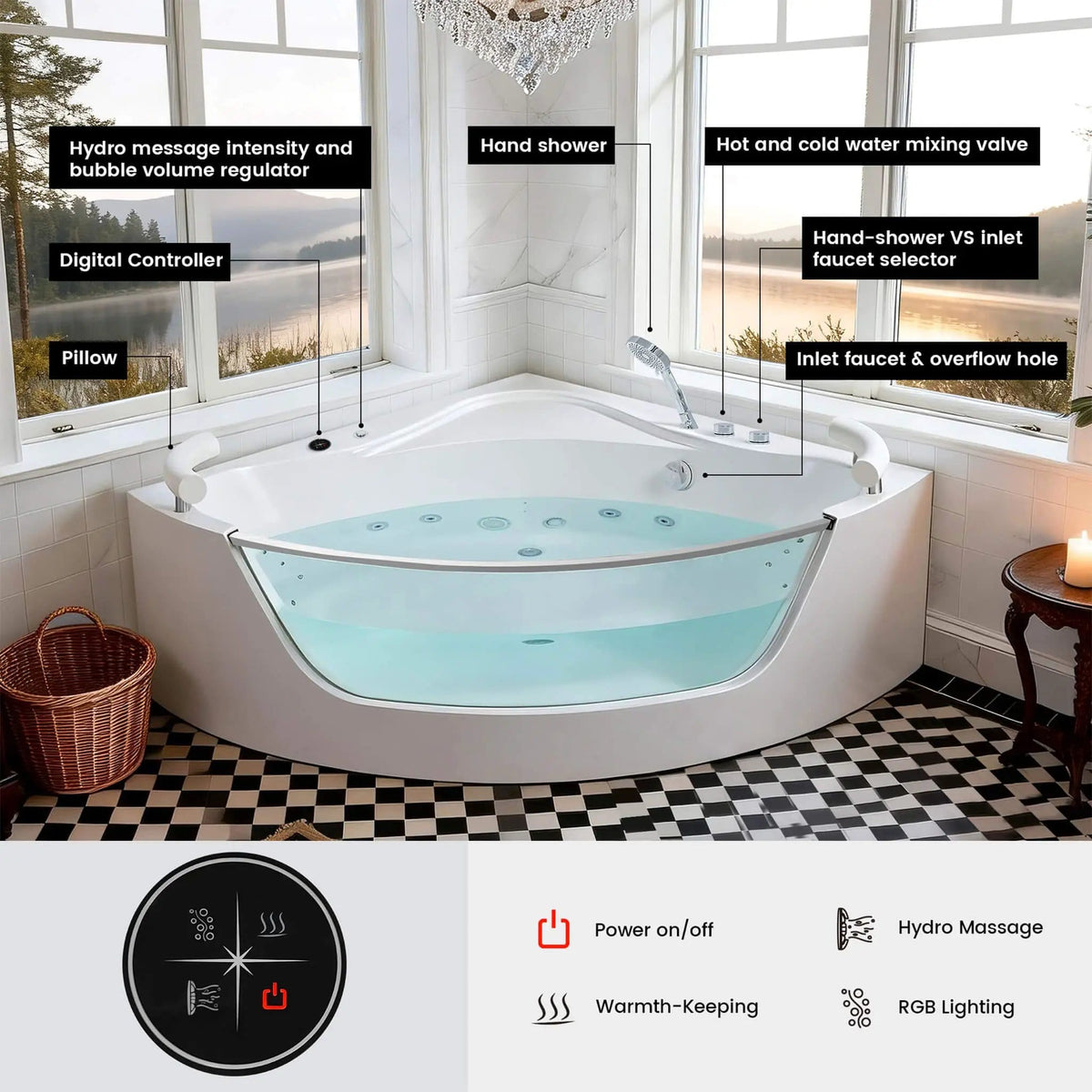 Serenity 59 Inch 2 Person Acrylic Corner Whirlpool 16 Jet Hydromassage Bathtub With | 59 Inch | 2-Person | Bathroom