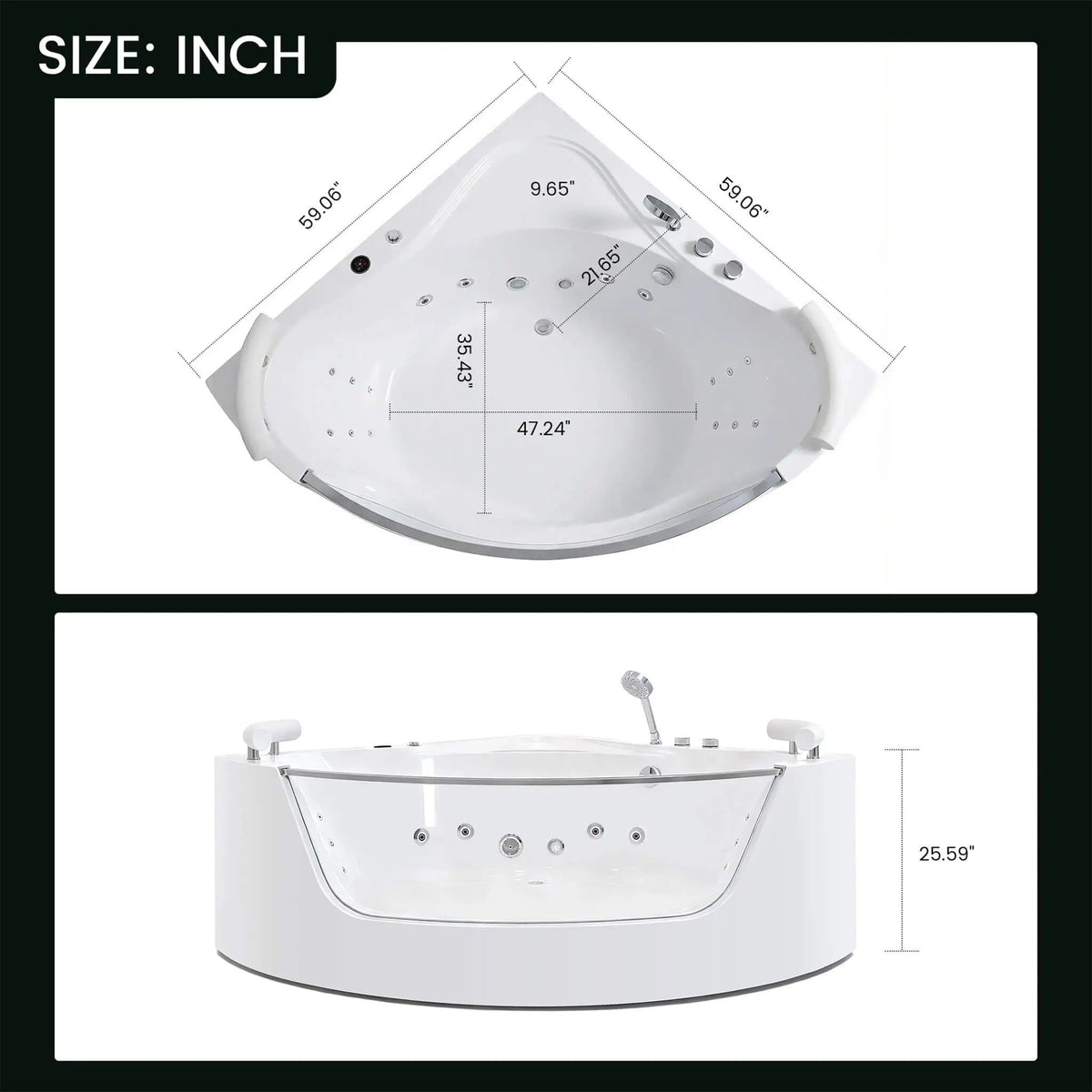 Serenity 59 Inch 2 Person Acrylic Corner Whirlpool 16 Jet Hydromassage Bathtub With | 59 Inch | 2-Person | Bathroom