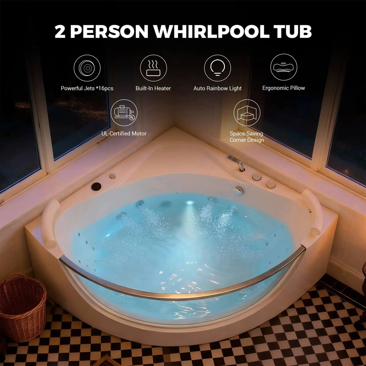 Serenity 59 Inch 2 Person Acrylic Corner Whirlpool 16 Jet Hydromassage Bathtub With | 59 Inch | 2-Person | Bathroom