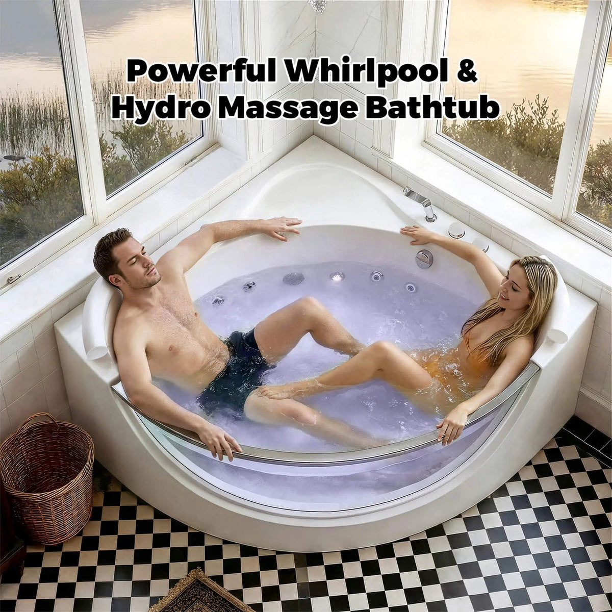 Serenity 59 Inch 2 Person Acrylic Corner Whirlpool 16 Jet Hydromassage Bathtub With | 59 Inch | 2-Person | Bathroom