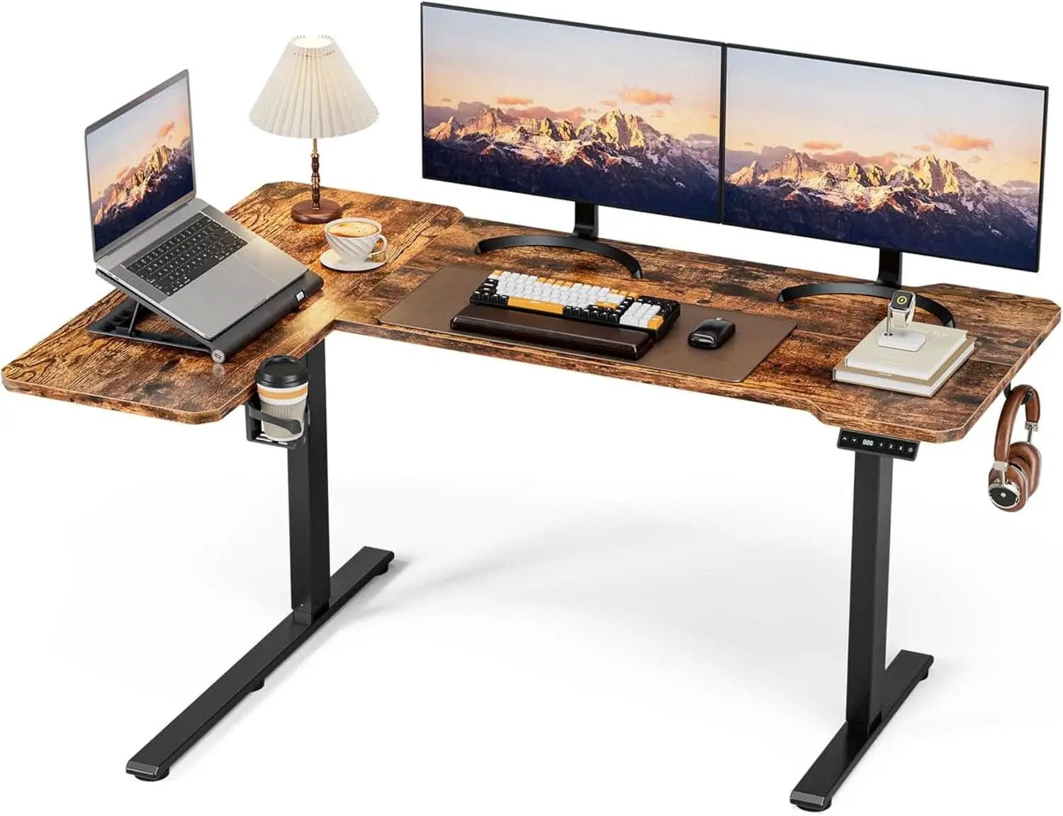 59 Inch Reversible L Shaped Electric Standing Desk Brown from PriceLows™