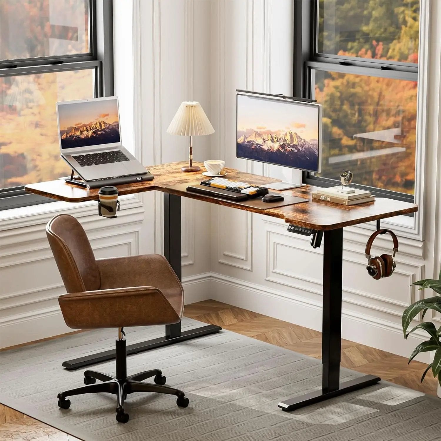 59 Inch Reversible L Shaped Electric Standing Desk Brown from PriceLows™